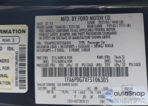 2015 Ford Fusion S из США, поврежденный, VIN 1FA6P0G7XF5106305